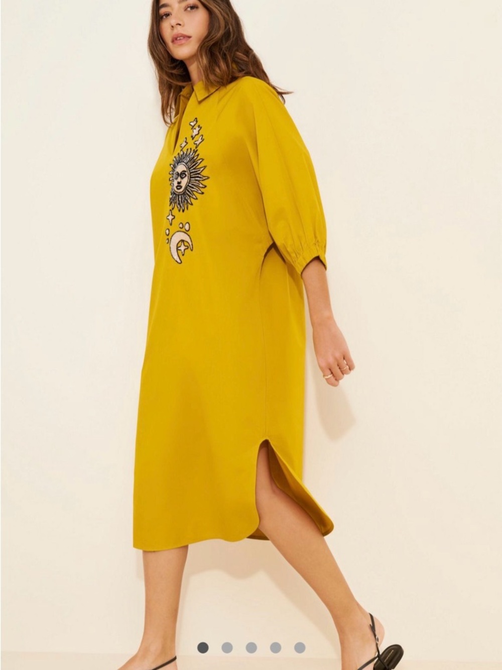 Embroidered Sun & Moon Mustard Midi Dress
